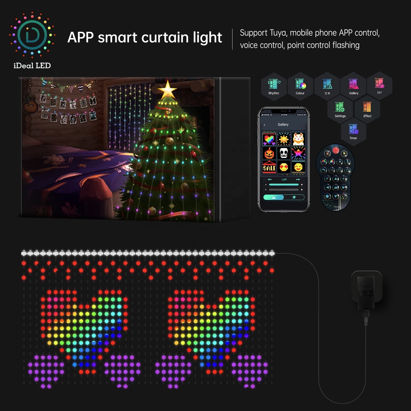 Hot Programmable APP-Controlled LED Smart Curtain String Light IDeal LED Curtain Lights 9.8ft RGB String Light Home Decoration