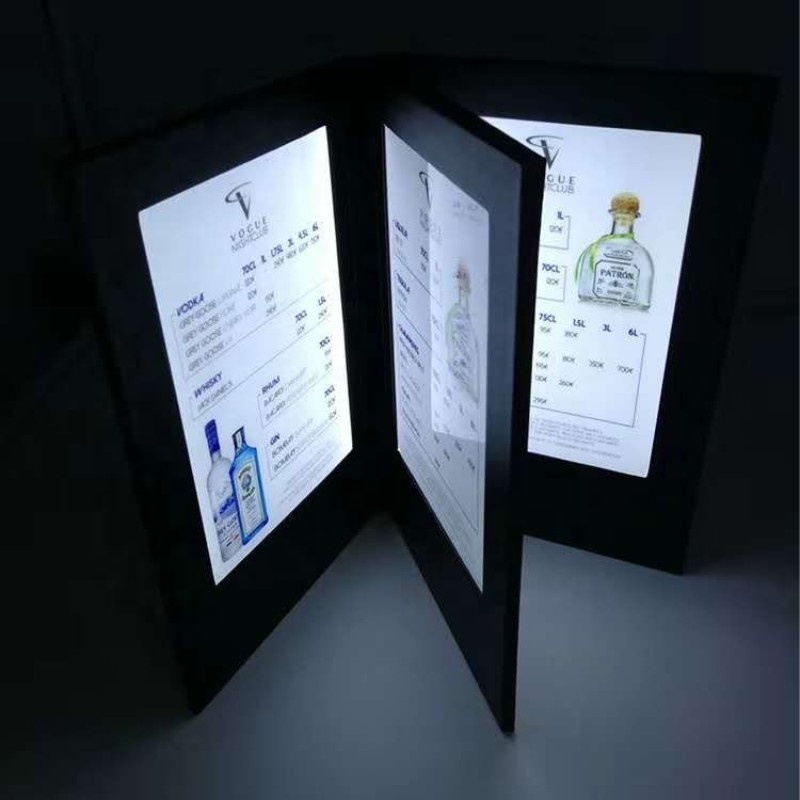 Hot Selling 3 Pages Illuminated Led Backlit Menu Book for Bar Restaurant Hotel Event Rechargeable Display LED Menu Cover Holder