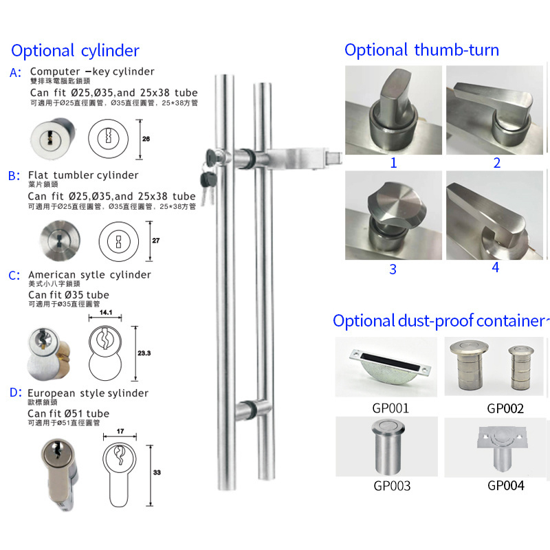 High quality stainless steel double side glass flush mount door pull handle with lock