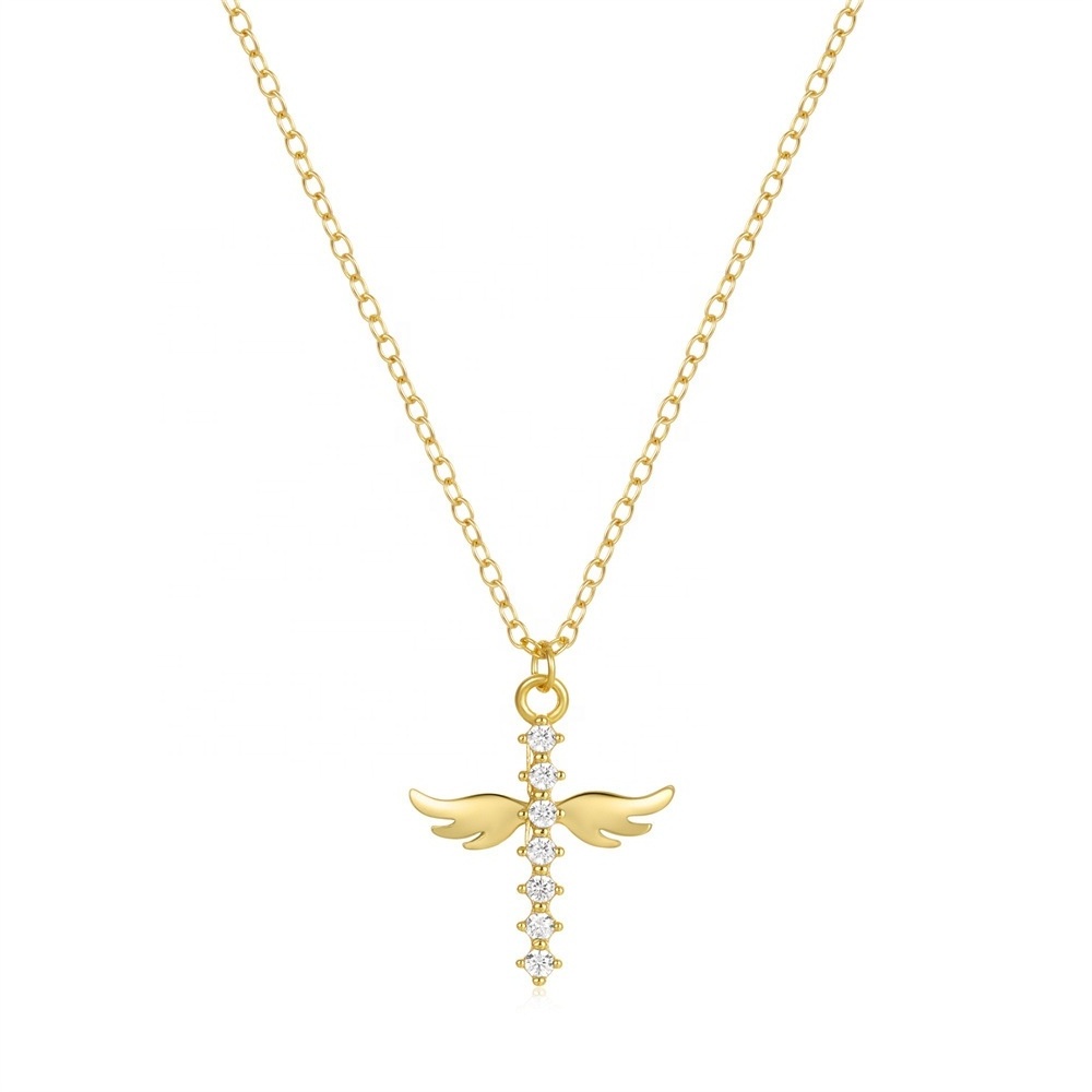 Women Fine Jewelry New Design Gold Plated Angel Wings Cross Pendant Necklaces 925 Sterling Silver Zircon Jewelry