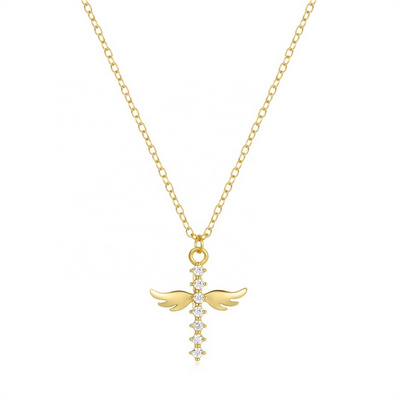 Women Fine Jewelry New Design Gold Plated Angel Wings Cross Pendant Necklaces 925 Sterling Silver Zircon Jewelry