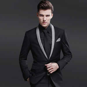 Custom design man's wedding tuxedo suit, shawl lapel tailor black mens suits from Chinese supplier.