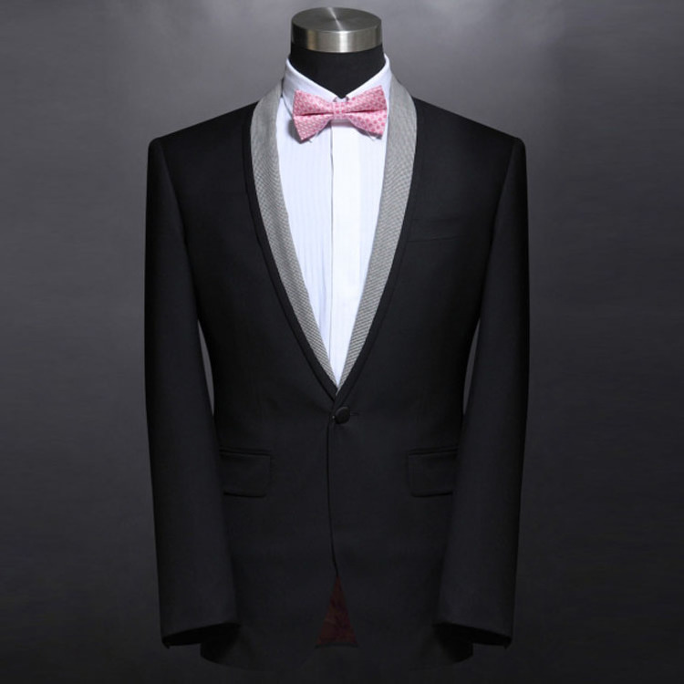 Custom design man's wedding tuxedo suit, shawl lapel tailor black mens suits from Chinese supplier.