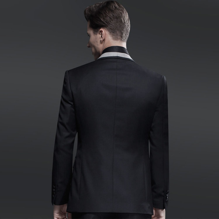 Custom design man's wedding tuxedo suit, shawl lapel tailor black mens suits from Chinese supplier.