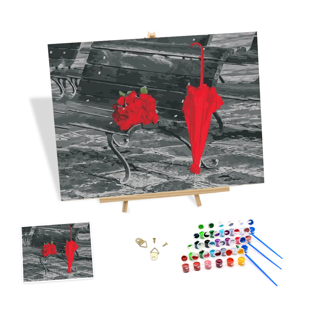 Popular Still Life Painting by Numbers of Bench Red Rose and Umbrella Artwork Diy Hand-painted by Numbers for Cafe Decor