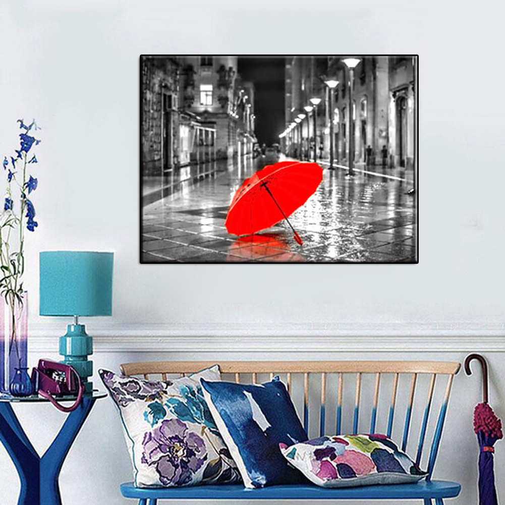 Factory Custom Diy Diamond Painting Full Drill A Red Umbrella In The Street Diy Still Life Wholesale Art Wall Painting