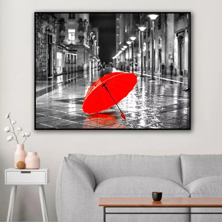 Factory Custom Diy Diamond Painting Full Drill A Red Umbrella In The Street Diy Still Life Wholesale Art Wall Painting