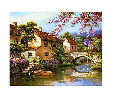 Factory Wholesale 5d Diy Diamond Painting  Riverside Village Flowering Trees Diamond Art Embroidery Series Diamond Wall Decor