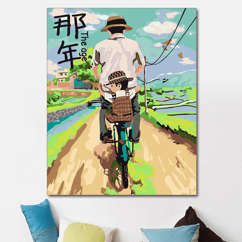 Painting by Numbers Portrait Kits Diy Digital Oil Painting Father and Son Riding Bicycles Canvas Painting Wall Decor for Home