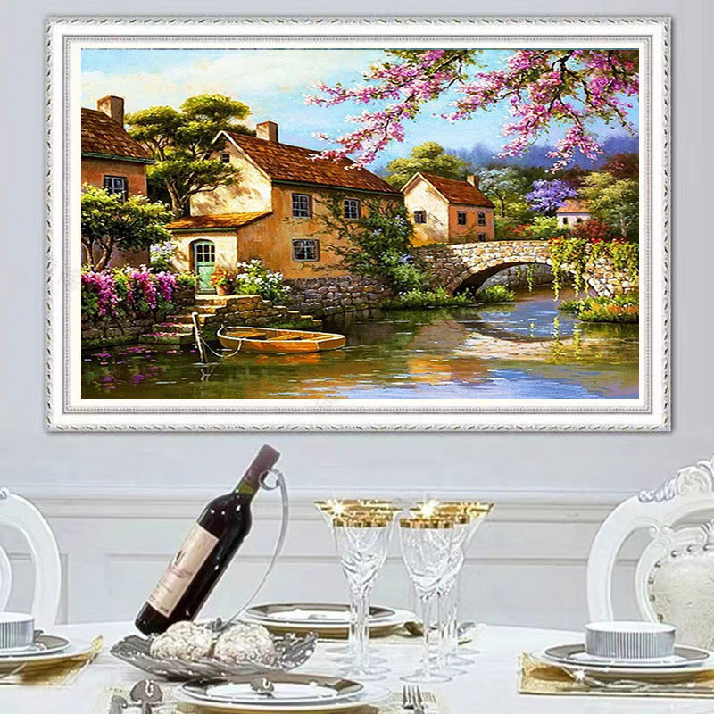 Factory Wholesale 5d Diy Diamond Painting  Riverside Village Flowering Trees Diamond Art Embroidery Series Diamond Wall Decor