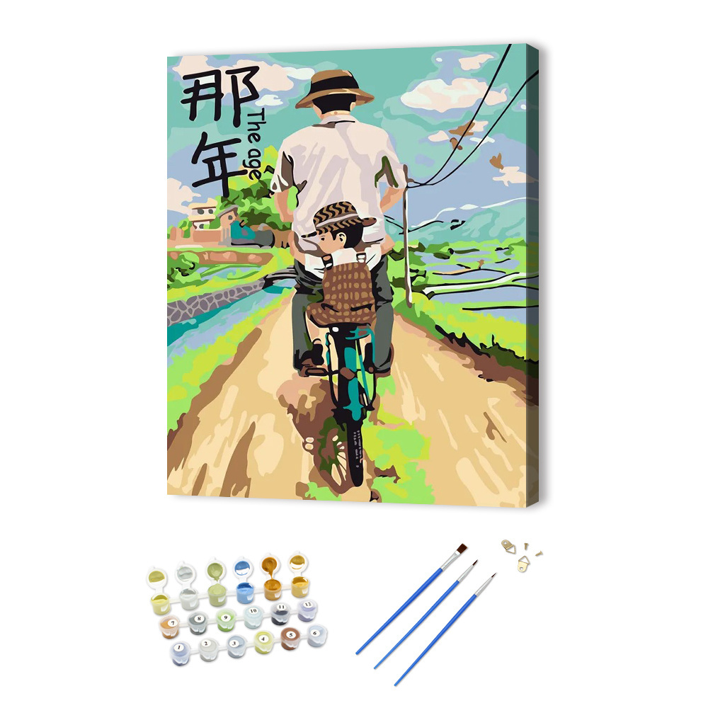 Painting by Numbers Portrait Kits Diy Digital Oil Painting Father and Son Riding Bicycles Canvas Painting Wall Decor for Home