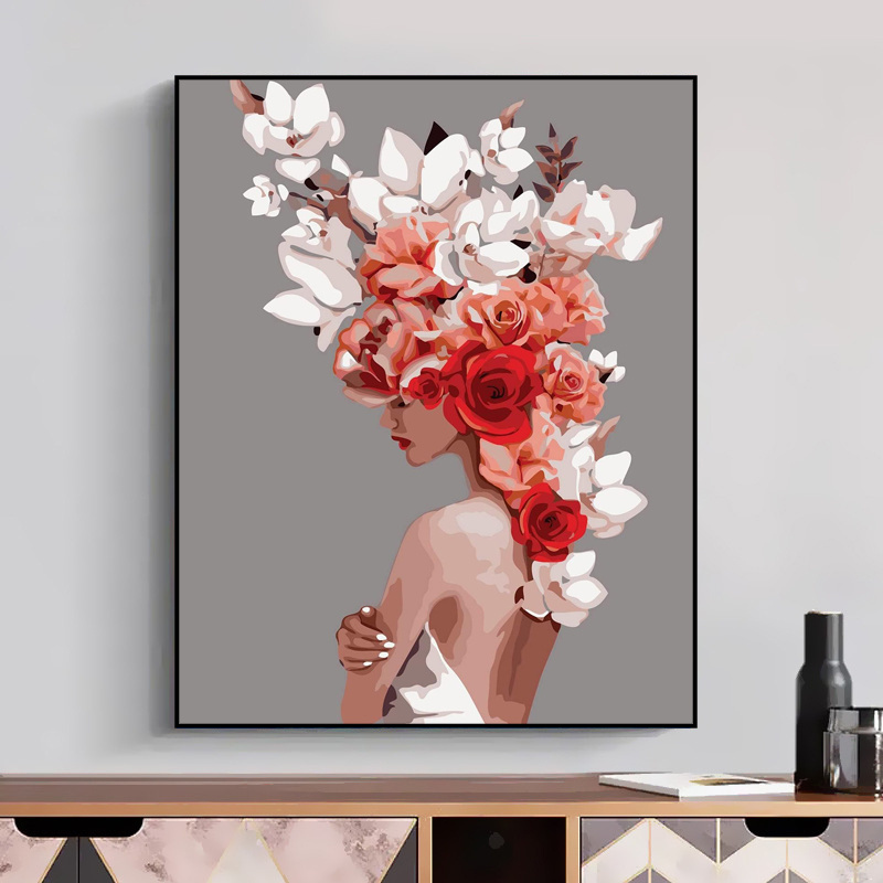 Custom Painting by Numbers Kit Flower Girl Art Picture Pre Print Canvas Painting Wall Decor