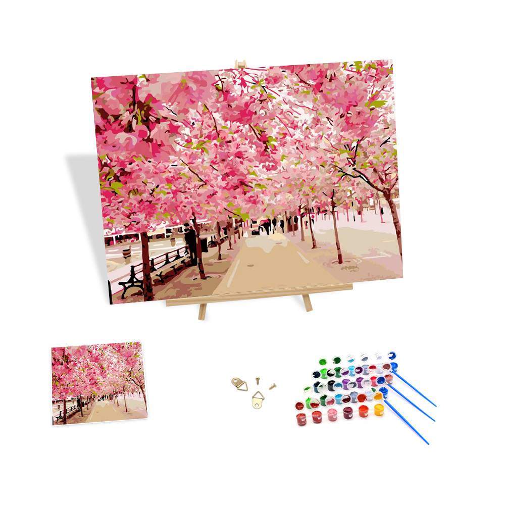 High Quality Diy Painting by Numbers Art the Cherry Blossom Trees Oil Canvas Paint by Numbers Scenery Decorative Wall Painting