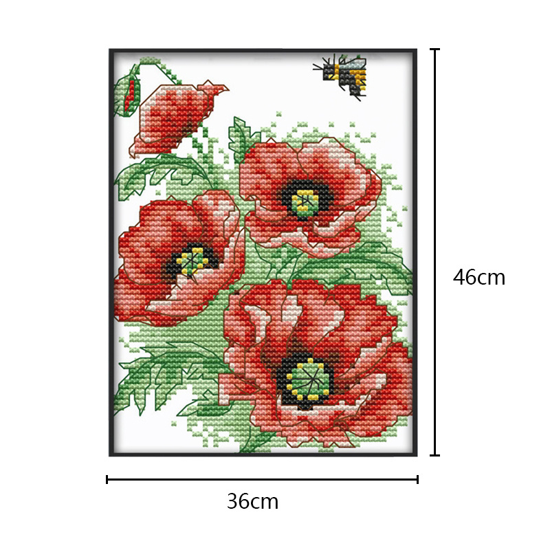 High Quality Cotton Thread Counted Embroidery Red Flower And Bee Home Room Art Decorative Painting Diy Needlework Cross Stitch