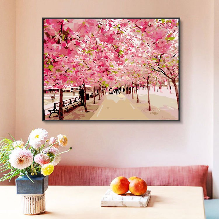 High Quality Diy Painting by Numbers Art the Cherry Blossom Trees Oil Canvas Paint by Numbers Scenery Decorative Wall Painting