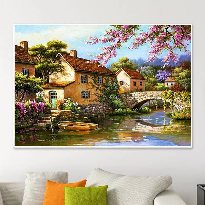 Factory Wholesale 5d Diy Diamond Painting  Riverside Village Flowering Trees Diamond Art Embroidery Series Diamond Wall Decor