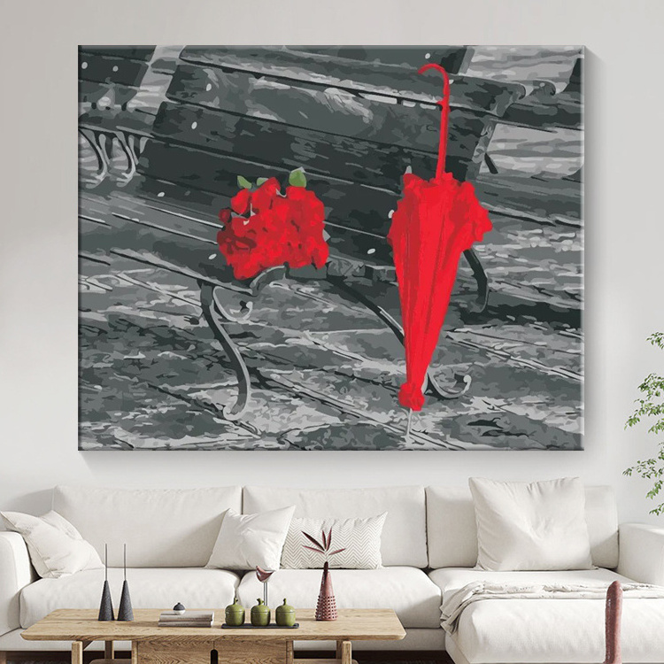 Popular Still Life Painting by Numbers of Bench Red Rose and Umbrella Artwork Diy Hand-painted by Numbers for Cafe Decor