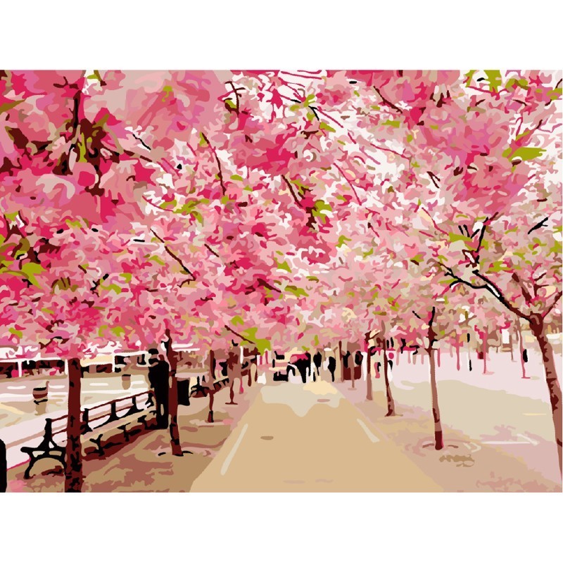 High Quality Diy Painting by Numbers Art the Cherry Blossom Trees Oil Canvas Paint by Numbers Scenery Decorative Wall Painting