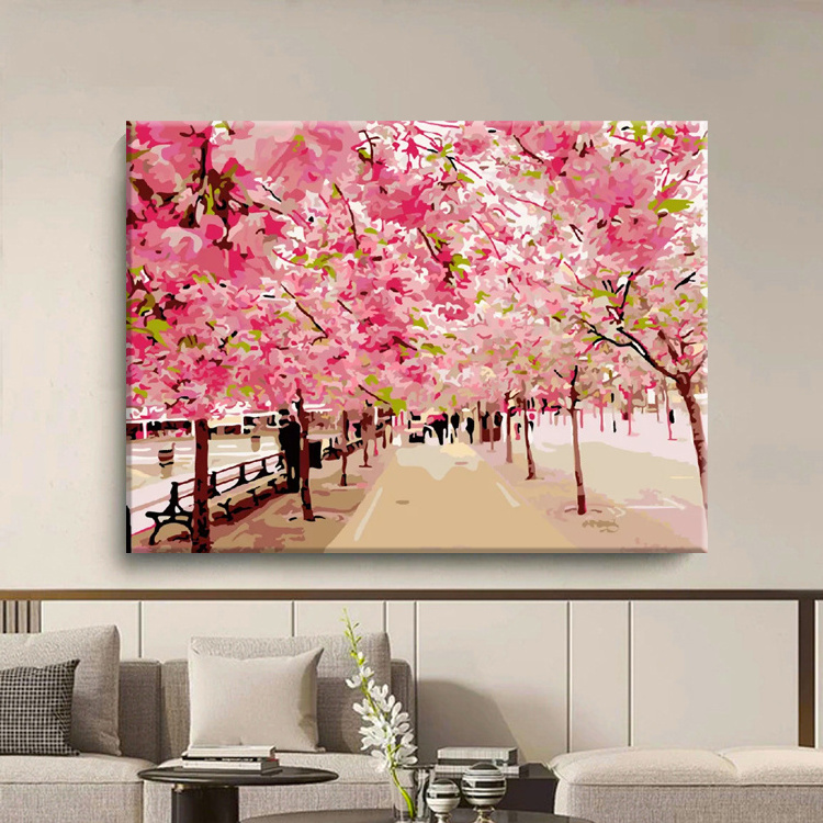 High Quality Diy Painting by Numbers Art the Cherry Blossom Trees Oil Canvas Paint by Numbers Scenery Decorative Wall Painting