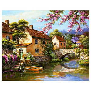 Factory Wholesale 5d Diy Diamond Painting  Riverside Village Flowering Trees Diamond Art Embroidery Series Diamond Wall Decor