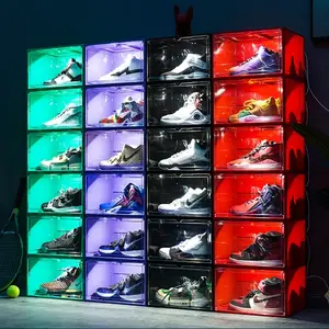 China Wholesale Transparent Plastic Storage Shoe Box Voice Control Stackable Plastic LED Shoe Organizer Box