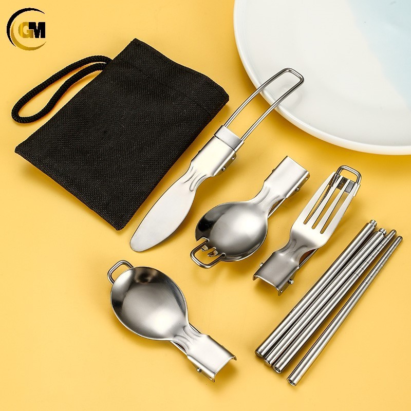 GEMEI Portable Camping Picnic Utensil Spoon Fork Knife Chopsticks Folding Travel Cutlery Set With Travel Pouch