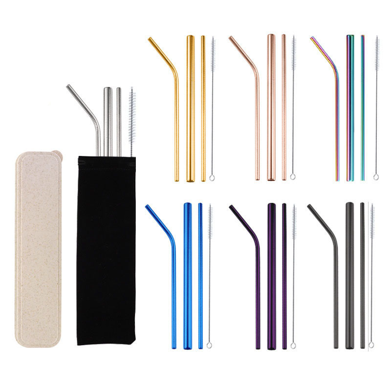 Eco Friendly Straight Reusable Stainless Steel Drinking Straws Gold Metal Straws With Box Brush