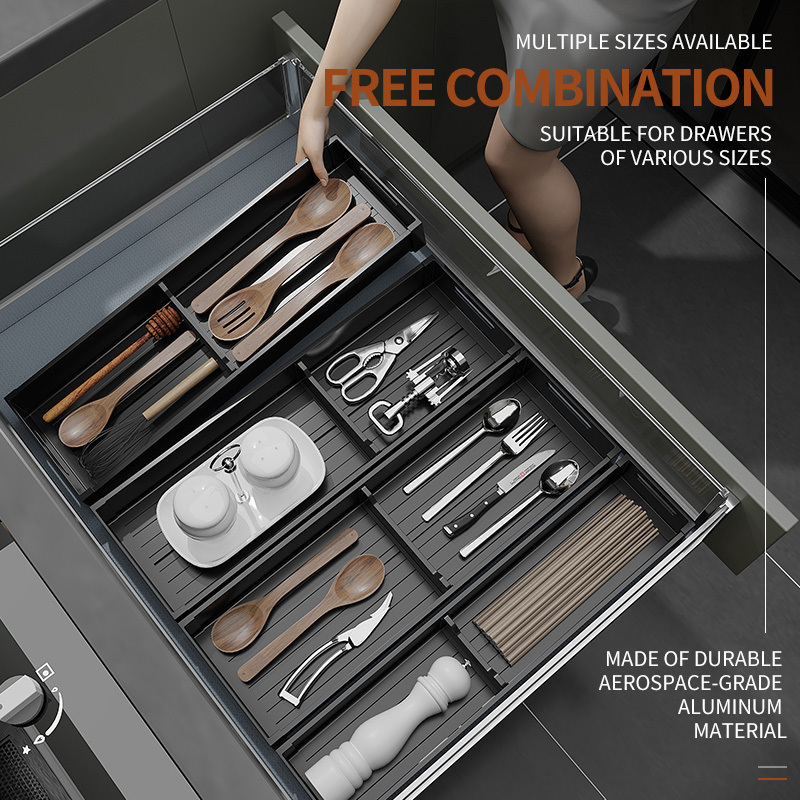 Factory Wholesale Aluminum Drawer Organizer Expandable Combination Kitchen Cabinets Cutlery Drawer Organizer