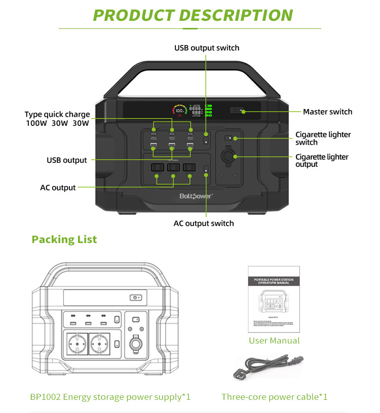 1200W Portable Power Station LifePO4 Battery Generator Solar Power Station For Home Appliance