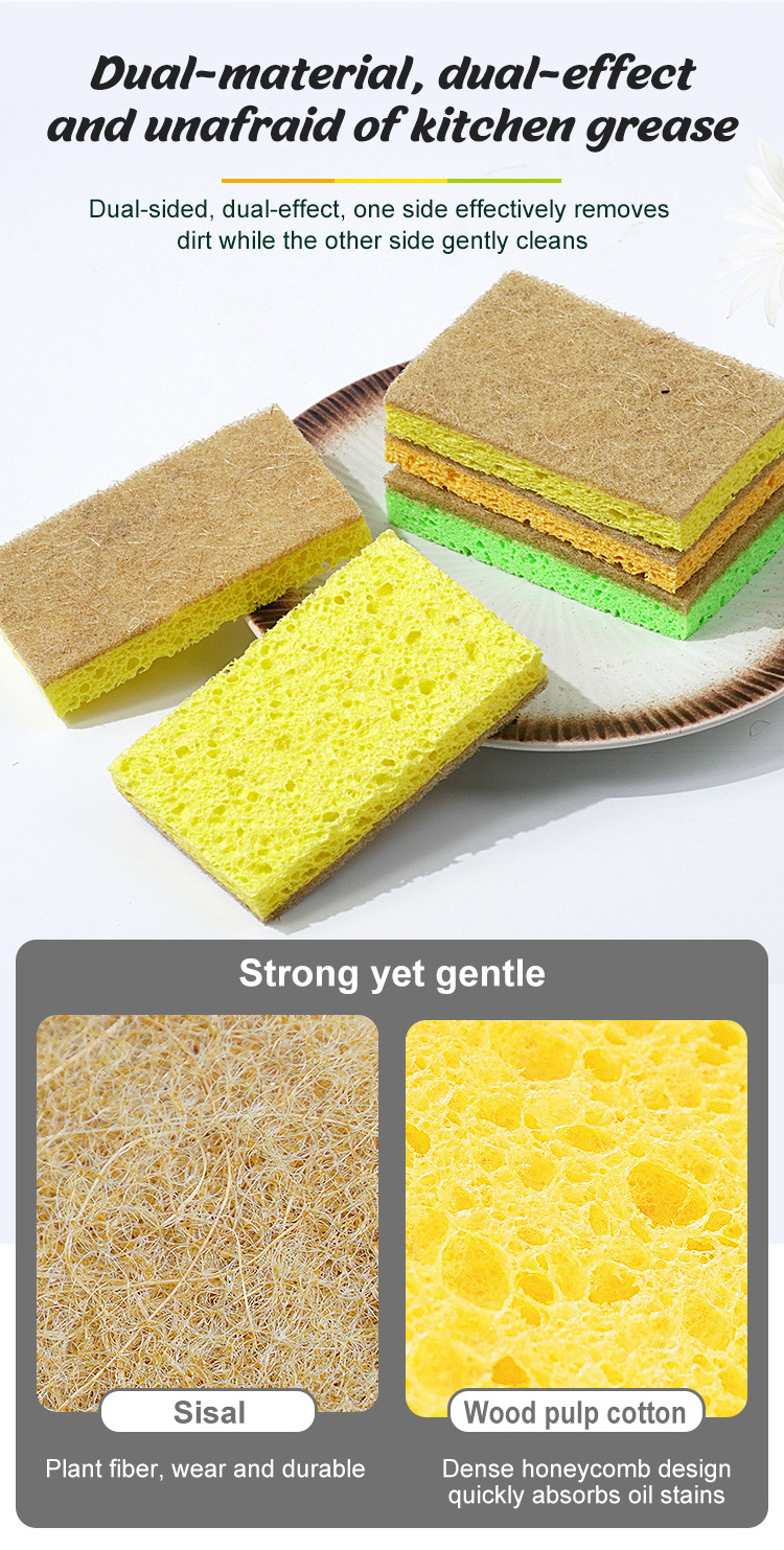 Wood pulp cellulose sponge with sisal wipe/scrub pad for kitchen cleaning washing pots /pans brush dishcloth for home cleaning