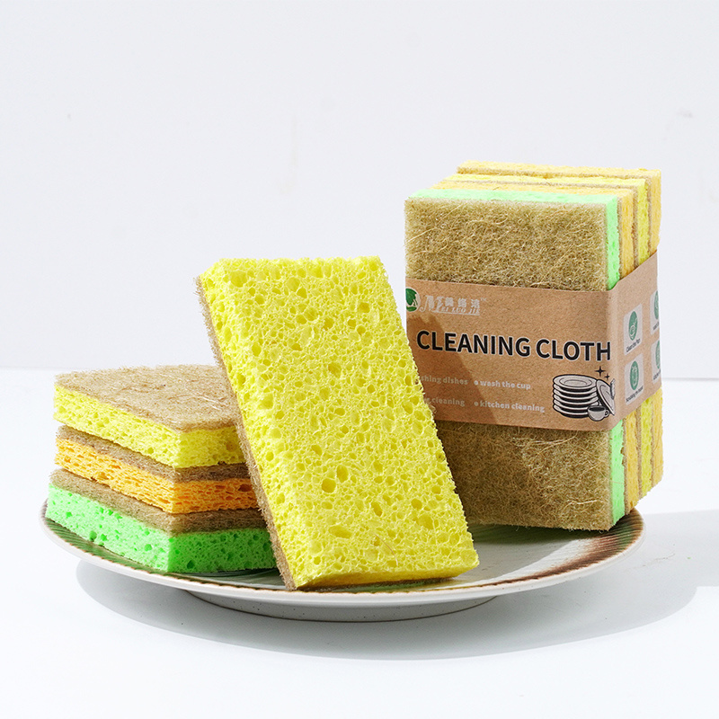 Wood pulp cellulose sponge with sisal wipe/scrub pad for kitchen cleaning washing pots /pans brush dishcloth for home cleaning