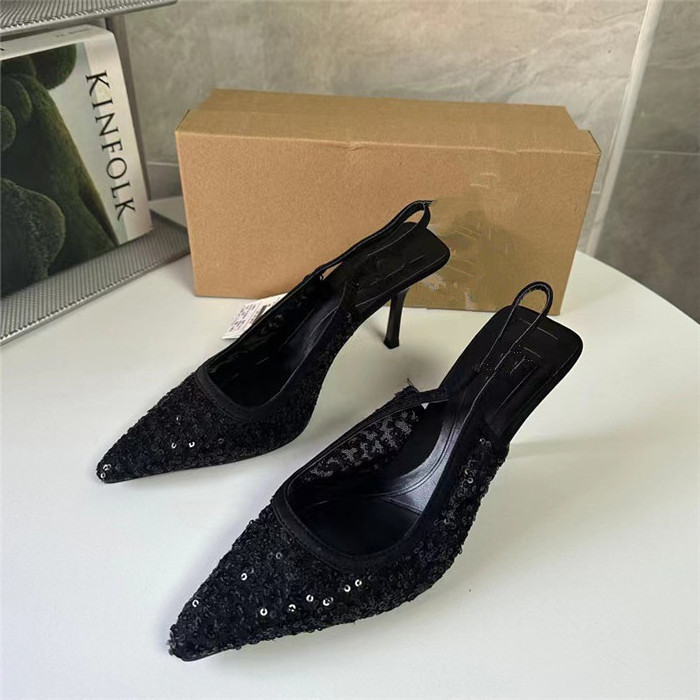 sandales femme sandalias mujer new spring black high heels pointed sequins shallow mouth fine heel fashion sandals women