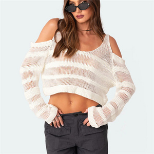 Europe and the United States fashion women's new sexy openwork perspective blouse wearing navel short sweater women