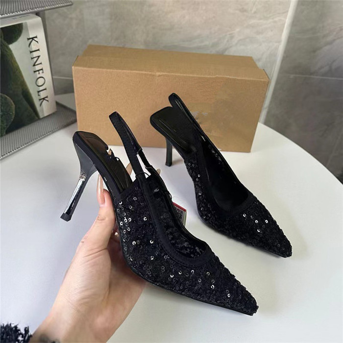 sandales femme sandalias mujer new spring black high heels pointed sequins shallow mouth fine heel fashion sandals women