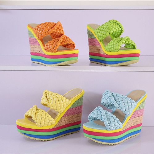 2023 summer new high-heeled plush women's shoes thick soles thick heels sandals 33-43 plus size rainbow sandals