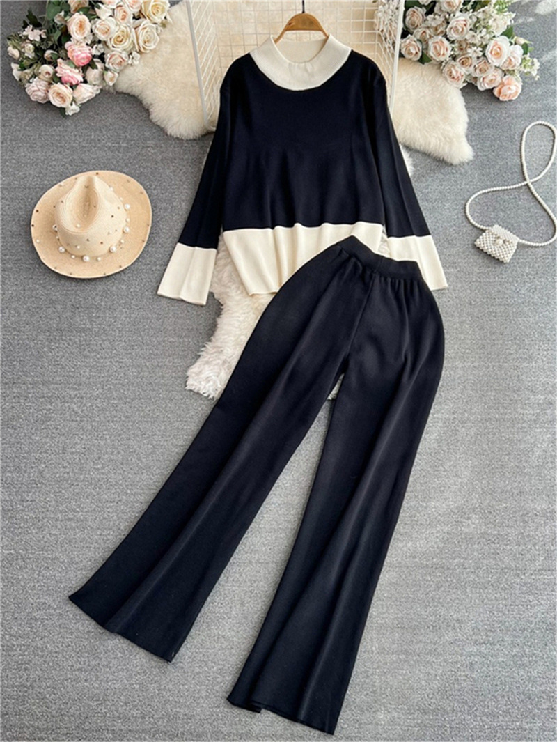 Long-sleeved collision color round neck loose knit top + high waist thin wide leg pants two-piece set for women