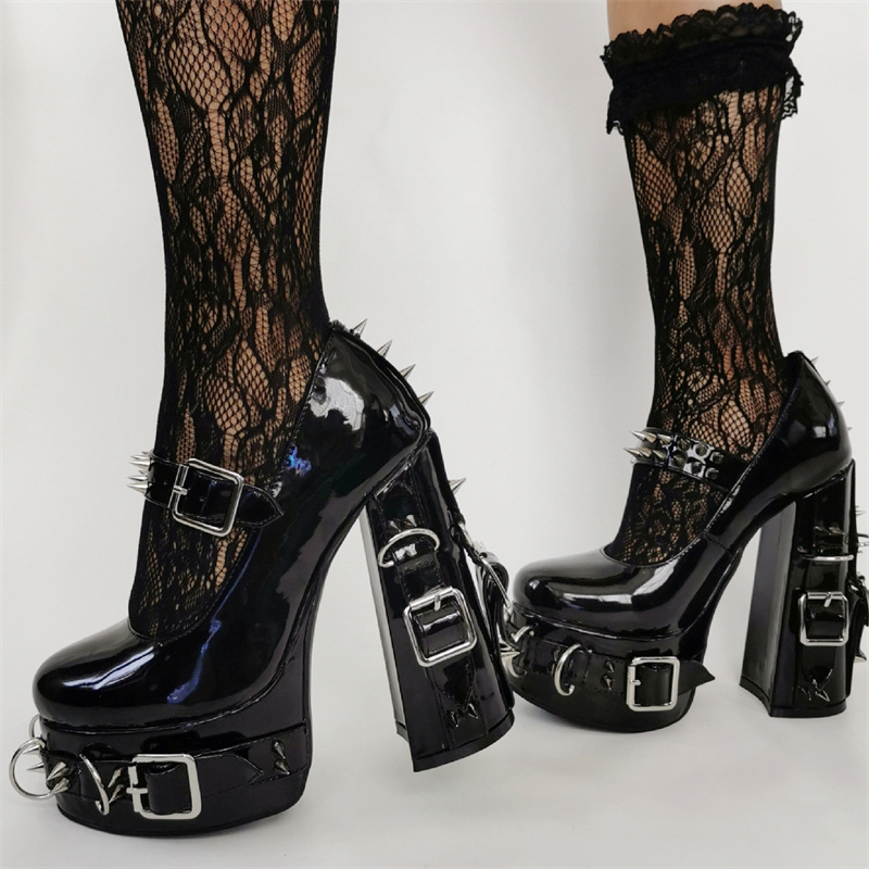 Lolita gothic rivet high heels sexy platform thick high heels plus size women's punk pumps