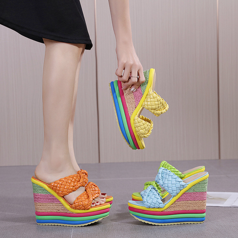 2023 summer new high-heeled plush women's shoes thick soles thick heels sandals 33-43 plus size rainbow sandals