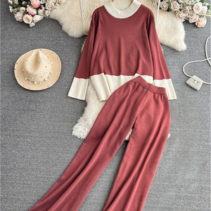 Long-sleeved collision color round neck loose knit top + high waist thin wide leg pants two-piece set for women