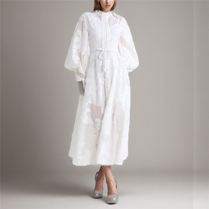 Fashion temperament elegant wind dress spring new lantern sleeve design embroidered lace long dress women