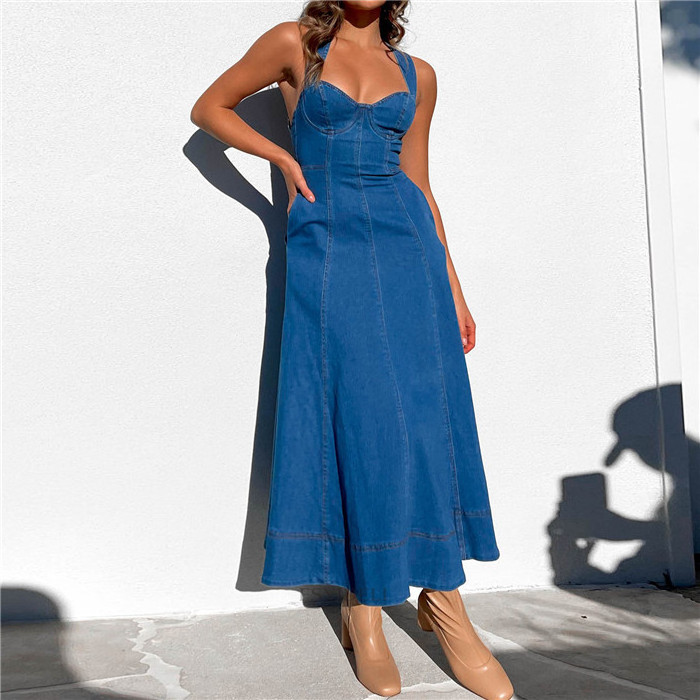 vestidos para mujer European and American style retro denim sling hot girl dress female new backless sexy A-line dress