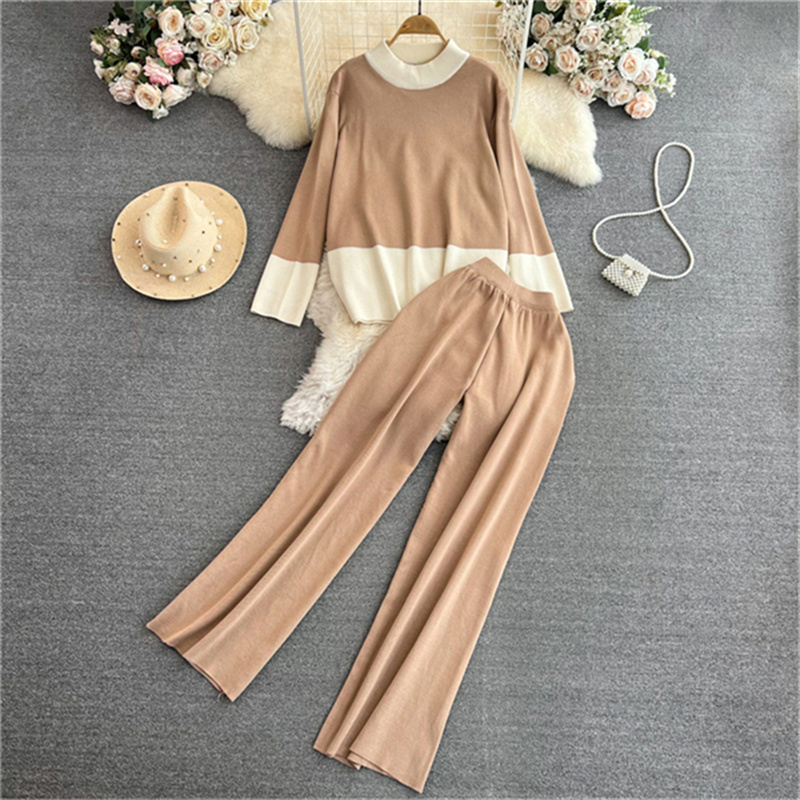 Long-sleeved collision color round neck loose knit top + high waist thin wide leg pants two-piece set for women