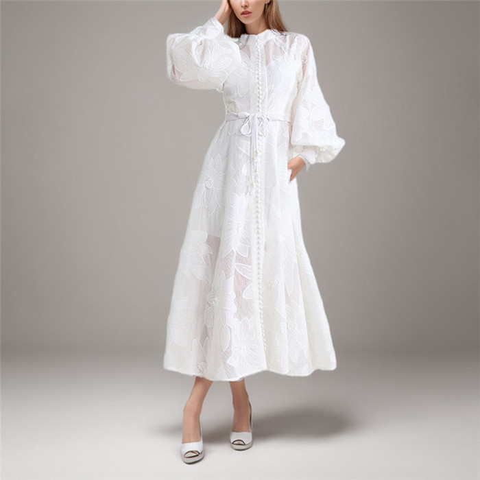 Fashion temperament elegant wind dress spring new lantern sleeve design embroidered lace long dress women