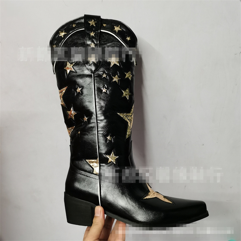 2023 Plus size stitching five-star thick heel high boots western cowboy women's boots