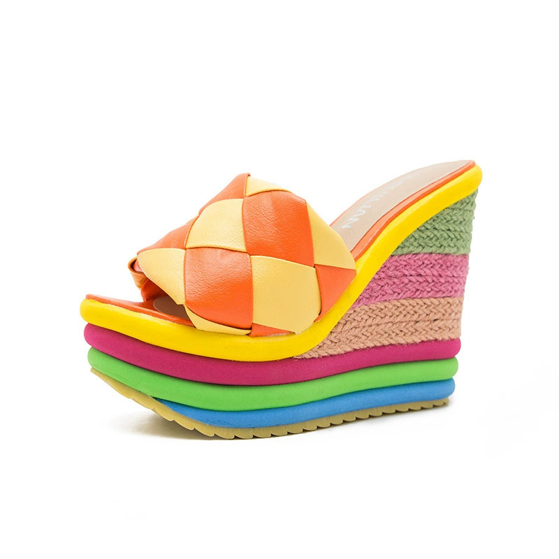 2023 summer new outside high heeled women's sandals large size slippers female rainbow wedge heels