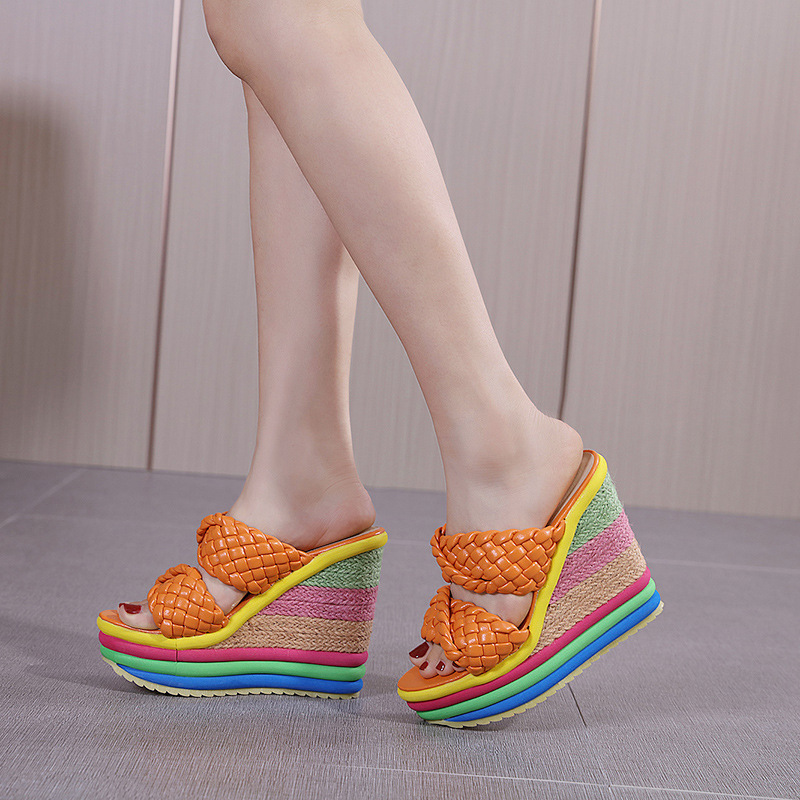 2023 summer new high-heeled plush women's shoes thick soles thick heels sandals 33-43 plus size rainbow sandals