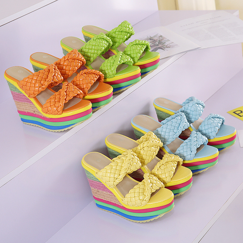 2023 summer new high-heeled plush women's shoes thick soles thick heels sandals 33-43 plus size rainbow sandals