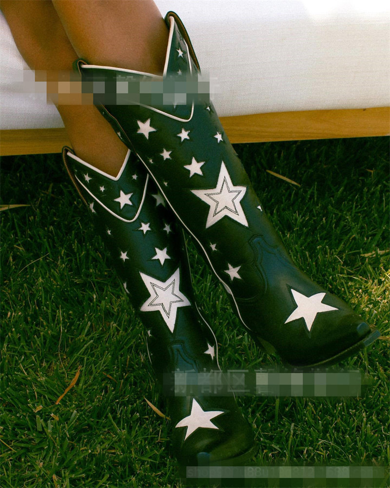 2023 Plus size stitching five-star thick heel high boots western cowboy women's boots