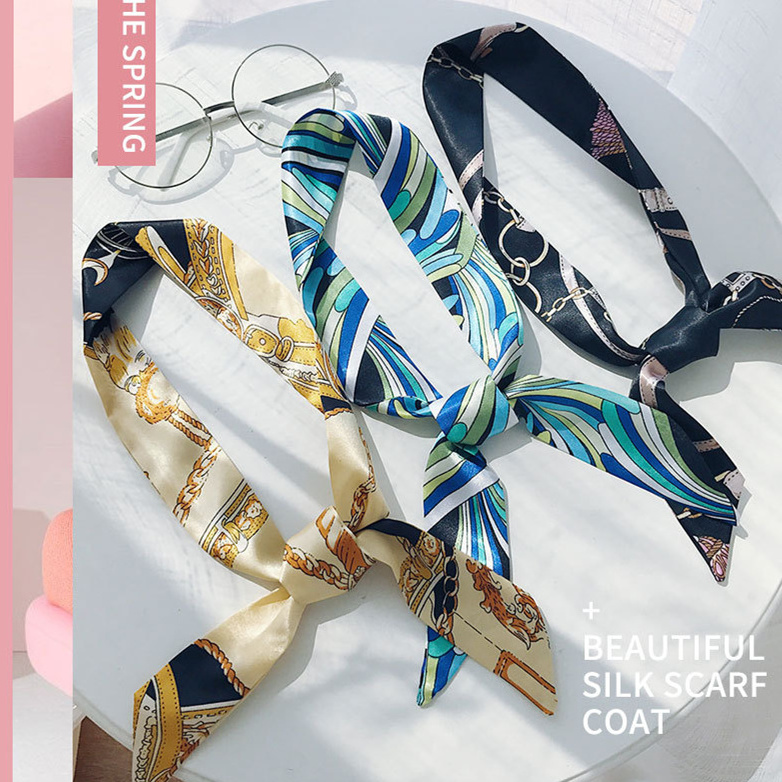 Factory custom 60 colors printed satin scarf Narrow scarves hair accessories wholesale tied handle bag Twill scarfs