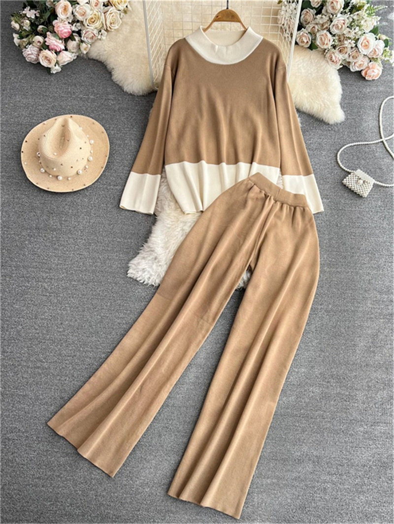 Long-sleeved collision color round neck loose knit top + high waist thin wide leg pants two-piece set for women